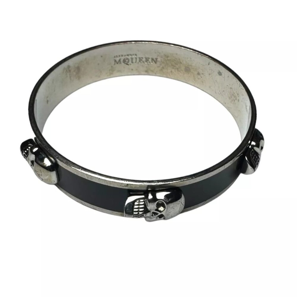 Alexander McQueen Silver Tone Black Enamel 3D Raised Skull Bangle Bracelet